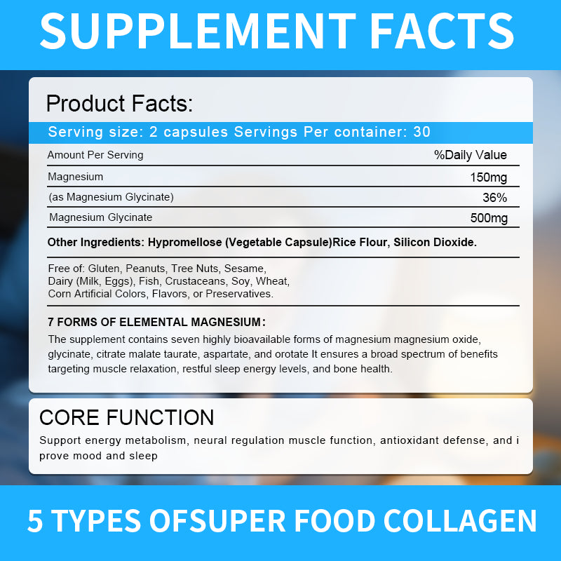 Magnesium Complex Supplement with Glycinate Citrate, Malate Oxide, Supports Bone, Muscle Digestive Health, Vegan Non-Gmo, 60 Capsules