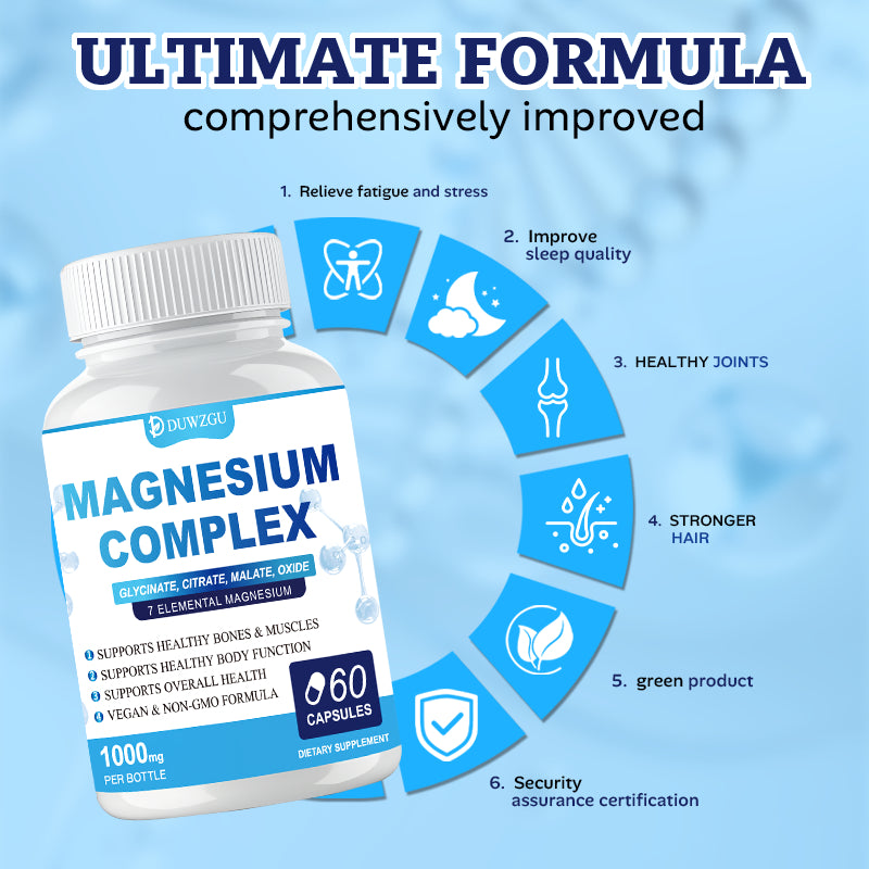 Magnesium Complex Supplement with Glycinate Citrate, Malate Oxide, Supports Bone, Muscle Digestive Health, Vegan Non-Gmo, 60 Capsules